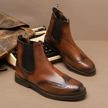 Muške cipele u Britanskom stilu u retro stilu Na Platformi Ručno Od Prirodne Kože Dizajner Muške Cipele Chelsea s Okruglim vrhom, Bez Kopče