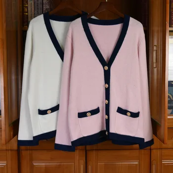 2021 Proljeće ženske Kvalitetne Vunene pletene jakne Berba s V-izrez 100% kašmir cardigans C825