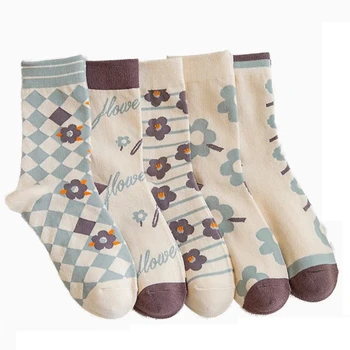 5 Pari Ženskih Čarapa s po cijeloj površini Suncokreta, Pamučne Duge Zimske Čarape na Prosječnu Cijevi, Modne Meke Udobne Čarape za Noge, Slatka Čarape