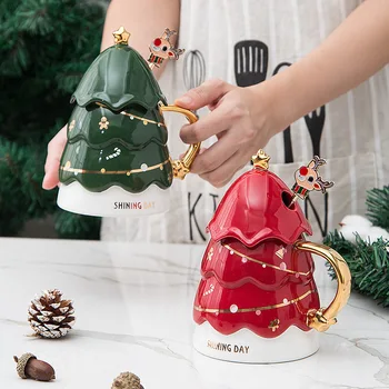 Božićno Drvce Bubalo Kreativno Keramičke demitasse Veliki Kapacitet Čaša Za Mliječne Čaj s Poklopcem Žlica Božićni Poklon Posuđe Za Piće