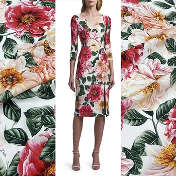 Design 100% Pamučna Tkanina s cvjetnim Ispis Božur za Haljine, Talijanski Brand, Modna Ženska majica 