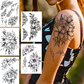 DIY Cvijet Privremene Tetovaže Za Žene Djevojka Crna Dahlia Anemone Božur Tetovaža Naljepnica List Lažni Hot Prodaja Tattoo 3D Alata Za Šminkanje