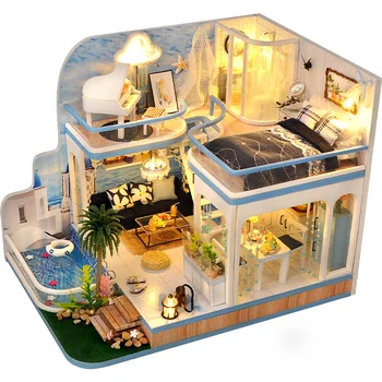 DIY Drvena Kućica za lutke Minijaturni Plavi Ocean Vila Lutaka Kuća sa Komplet Namještaja Casa Igračke za Djecu Rođendan Darove Za Djevojčice