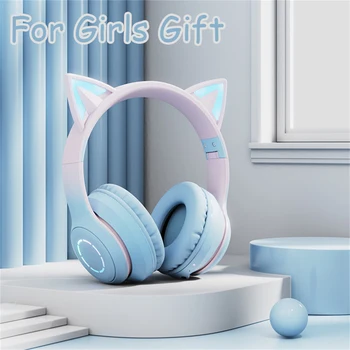 Gradijent ispunjava Roza Slušalice s mačka neko Ušima 3,5 mm, Mikrofon, Za Kawaii Djevojke, Dječji Telefon MP3, Hi-Fi Stereo Glazba, Užaren Bežične Slušalice