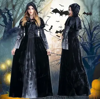 Halloween Novi Lubanju Ispis Vještice Duge Vampir Igranje Uloga Ogrtači Odijelo Kraljica/Grim Reaper Odijelo Haljinu S Kapuljačom Jastuk za Žene