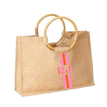 Izrađen po Mjeri Prugasta Plaža torba Бамбукового Juta s Monogramom, Poklon za svoje Tržišne Jute torbe, Shopping Bag od šatorsko platno