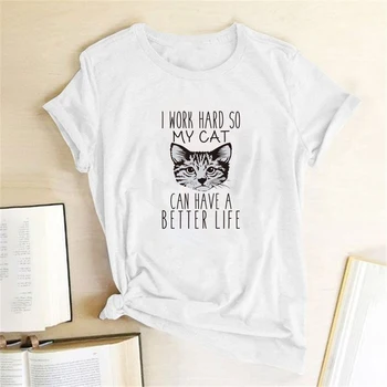 Ja marljivo radim, da moja mačka je najbolji život, Majice s буквенным po cijeloj površini, Ženske Majice za Žene, Ženska estetski odjeća, Camisetas Mujer