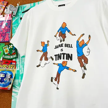 Jamie Bell - To je Tintin, Zabavna Bijela Majica s Cartoonish po cijeloj površini, Unisex, Kratki Rukav, Slobodan Top s Okruglog Izreza, Starinski Stil, Svakodnevne Ljetne Majice