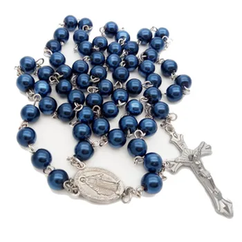 Katolička Moda Stranka Križ Biserni Ukras Kraljevski Plava Bisera Krunice Ogrlice Za Žene I Muškarce