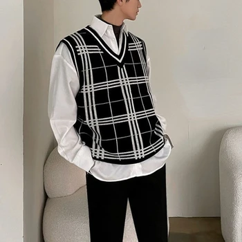 Kockice Pletene Džemper, Prsluk Muški Jesen Novi Korejski Moderan Džemper Sa V-izrez, Prsluk u Stilu Faksu, Slobodan Džemper Casua Harajuku