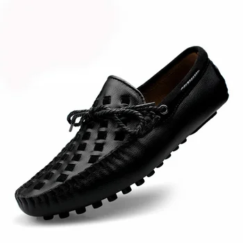 Kožne muške cipele, Casual muške cipele u ravnim cipelama, Prozračna Лоферы, Natikače od prirodne kože, udoban kariranih natikače s reljefne, 2019