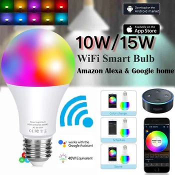 Led Pametna Lampa 15 W, s podesivim svjetlini, Boji WIFI Lampa, Dekoracija za sobu, RGB + White Timer, Bluetooth Žarulja je Kompatibilna s Alexa / Google Home