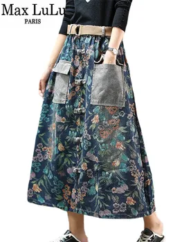 Max LuLu 2022, Novi Dizajn, Ženska Vintage Traper Suknja s Cvjetnim Ispis, Ženske Elastične Duge Suknje Trapeznog Oblika Za djevojčice, Elegantan Casual Odjeća