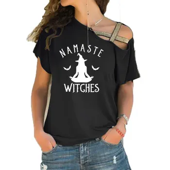 Namaste Vještice majica Halloween Zabavan Poklon Majica Za Žene Moda Meditirati Grozan šišmiš Majice Nepravilnog Kosi Križ Bandaže Vrhovima