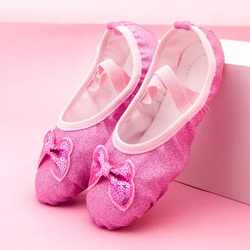Nove dječje plesne cipele plavo-ružičaste boje s lukom-leptir za predstave, balet cipele na meke cipele za djevojčice, a ne sunčan