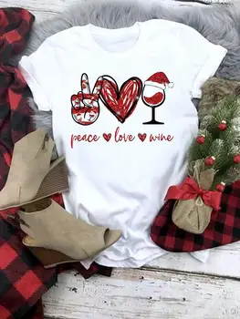 Odjeća Majica sretan Božić po cijeloj površini, Kratki Rukav, Grafički t-Shirt, Božićni Vino, Srce Ljubavi 90-ih, Ženske Modne Svakodnevne majice