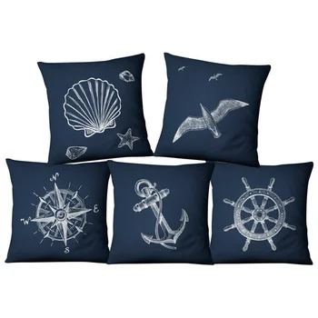 Plava Kompas Pomorski Nautički Stil Lanena Jastučnica Mediteranska Kauč Torbica Za Jastuk Tekstila Za Domaćinstvo