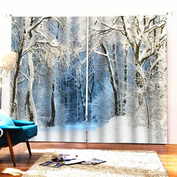 Sezonski Zima snijegom pokrivene Šume Pogled Na Prirodni Krajolik 3D Krajolik za Božićne Zavjese Dnevni boravak Rcortinas Para Salon