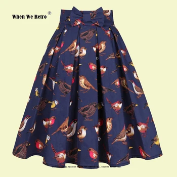 Suknja Midi sa po cijeloj površini Ptica i Životinja za Žene SS0012 Tamno plave Boje, Berba Pamuka Nabrane Suknje u retro stilu s visokim Strukom i džepovima