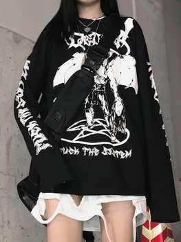 T-shirt оверсайз s po cijeloj površini demon u stilu харадзюку, y2k, Ženska odjeća, Sportska i Starinski crni vrh u stilu punk, Gothic majice, Besplatno anime