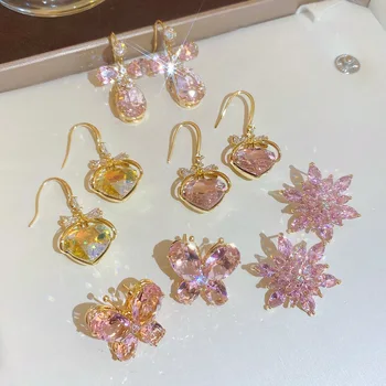 Trendi Pink Slatki Cvijet Geometrijski Viseće Naušnice Set Za Žene Srcu Cherry Crystal Star Duge Viseće Naušnice Korejski Nakit