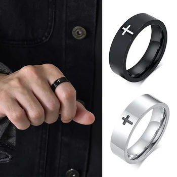 Vjenčani Prsten s Križem od Nehrđajućeg Čelika 6 MM, Prsten za Muškarce, Kršćanska Molitva, Vjerske Ukrasi za Poklon za Prst