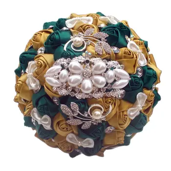 WifeLai-Zlatni sa smaragdno-zelene Umjetne Ruža Buket sa Dijamant-Trakom Svadbeni Buket, Ukrašen Cvijećem W2913